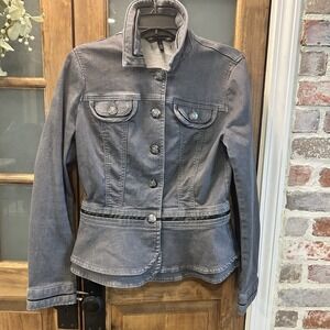 WHBM Jean Jacket Women's 8 Gray Crest Buttons Peplum Military Utility